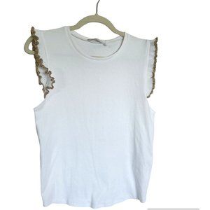 Zara White and Gold Ruffle Short Sleeve Shirt Womens Size M